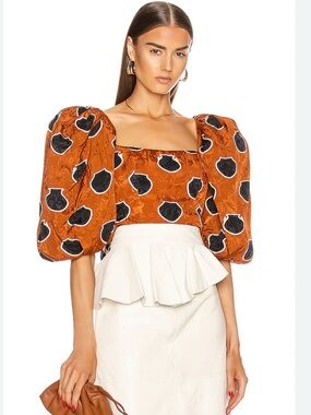Johanna Ortiz Rust Jacquard Puff-Sleeve Square-Neck Crop Top